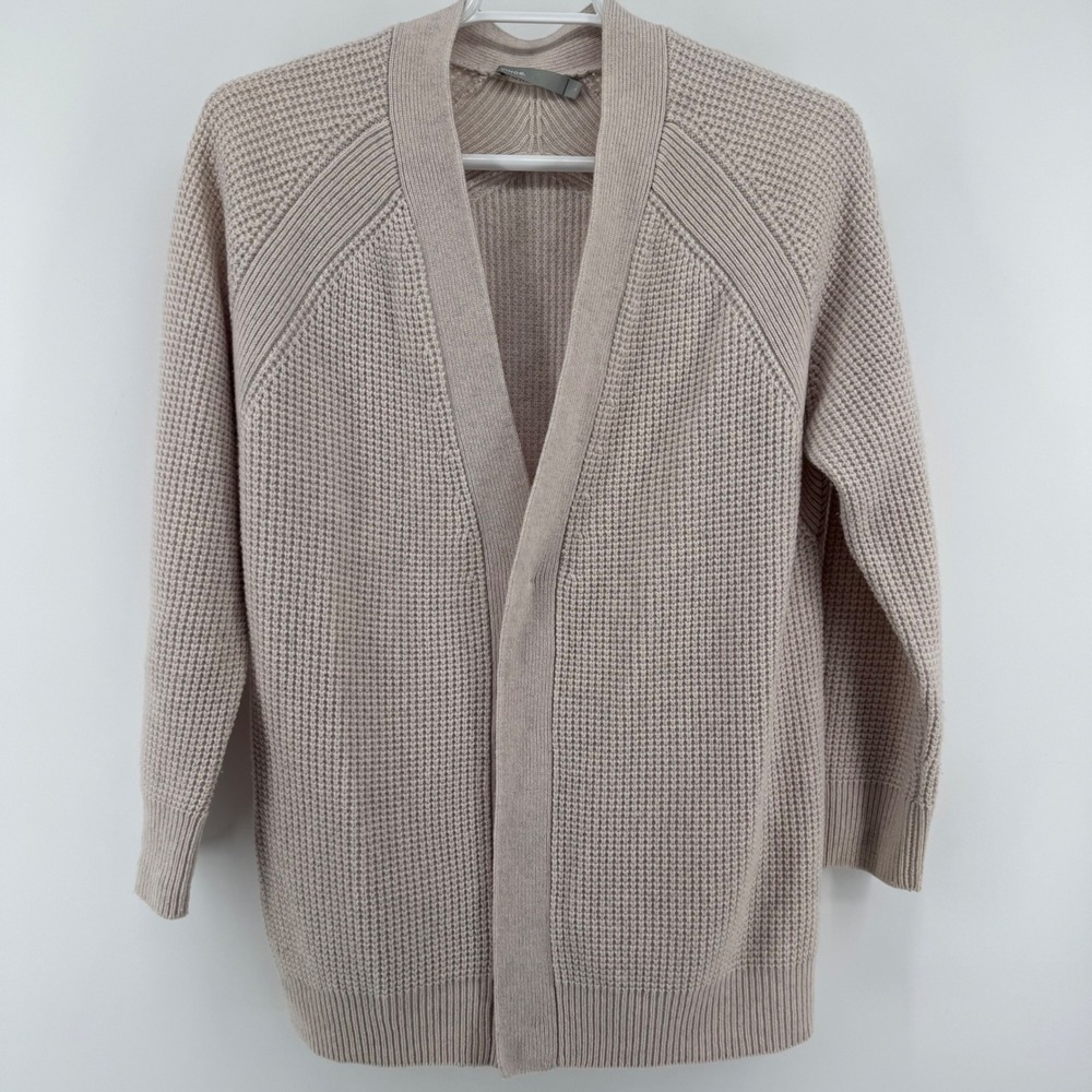 Vince Cardigan Womens Medium Beige Wool Cashmere Waffle Knit Open Front Sweater - Picture 1 of 10